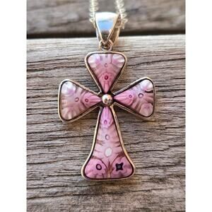 Vintage Alan K Millefiori of Venice Sterling Silver Pink Cross Pendant Necklace